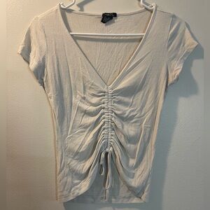 Rue21 Cream Ribbed V-Neck Drawstring Ruched Crop Top
